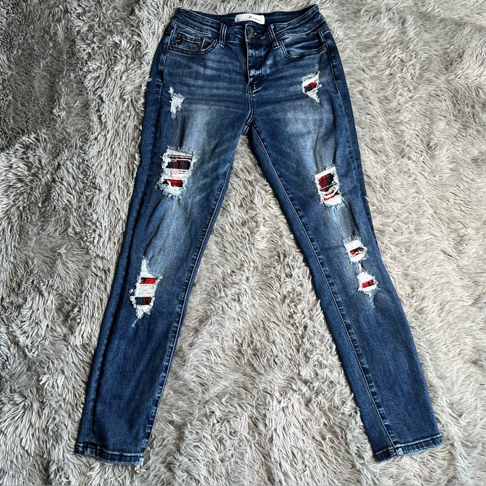 KanCan Jeans Womens Size 27 Distressed Whiskered Plaid Patch Skinny